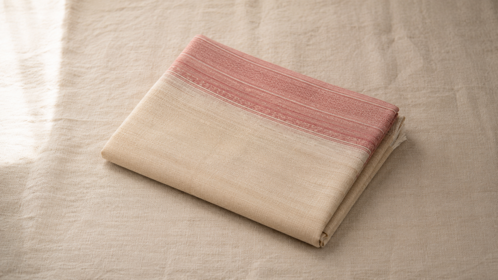 A folded handloom cotton saree in soft cream and dusty pink with visible woven border detail