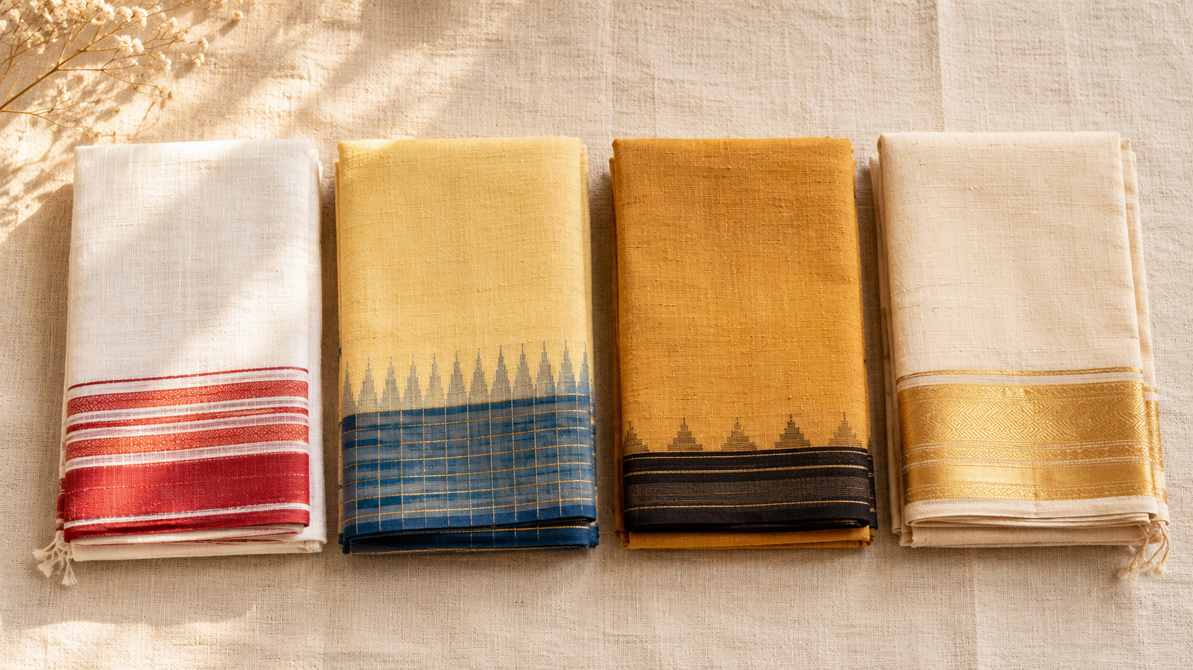 Four regional handloom cotton sarees side by side — Bengal taant, Mangalagiri, Kalakshetra, and Kerala kasavu