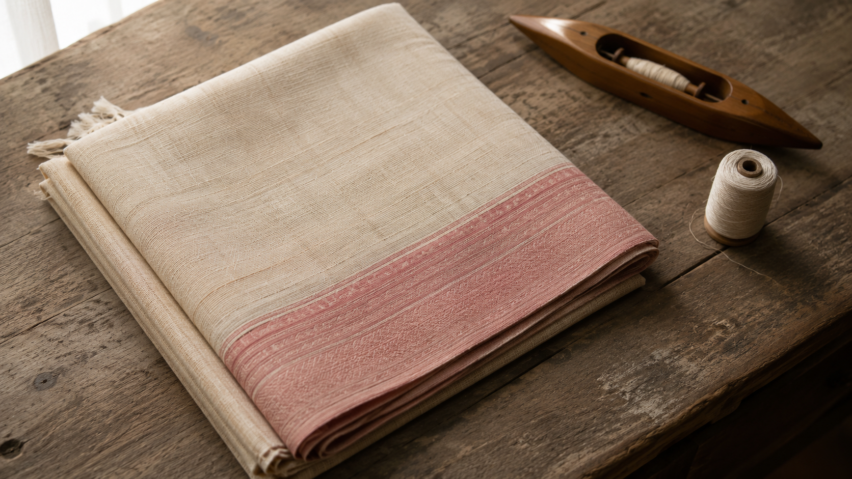 Cotton saree guide — a folded handloom cotton saree in soft cream and dusty pink on a wooden surface
