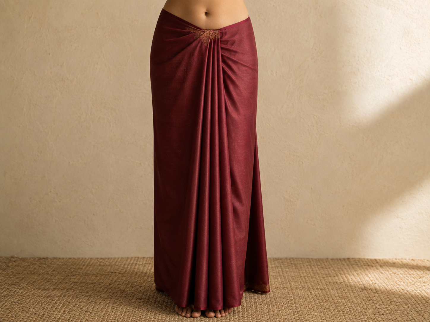 Saree pleats tucked into the petticoat falling in a clean straight vertical column to the floor