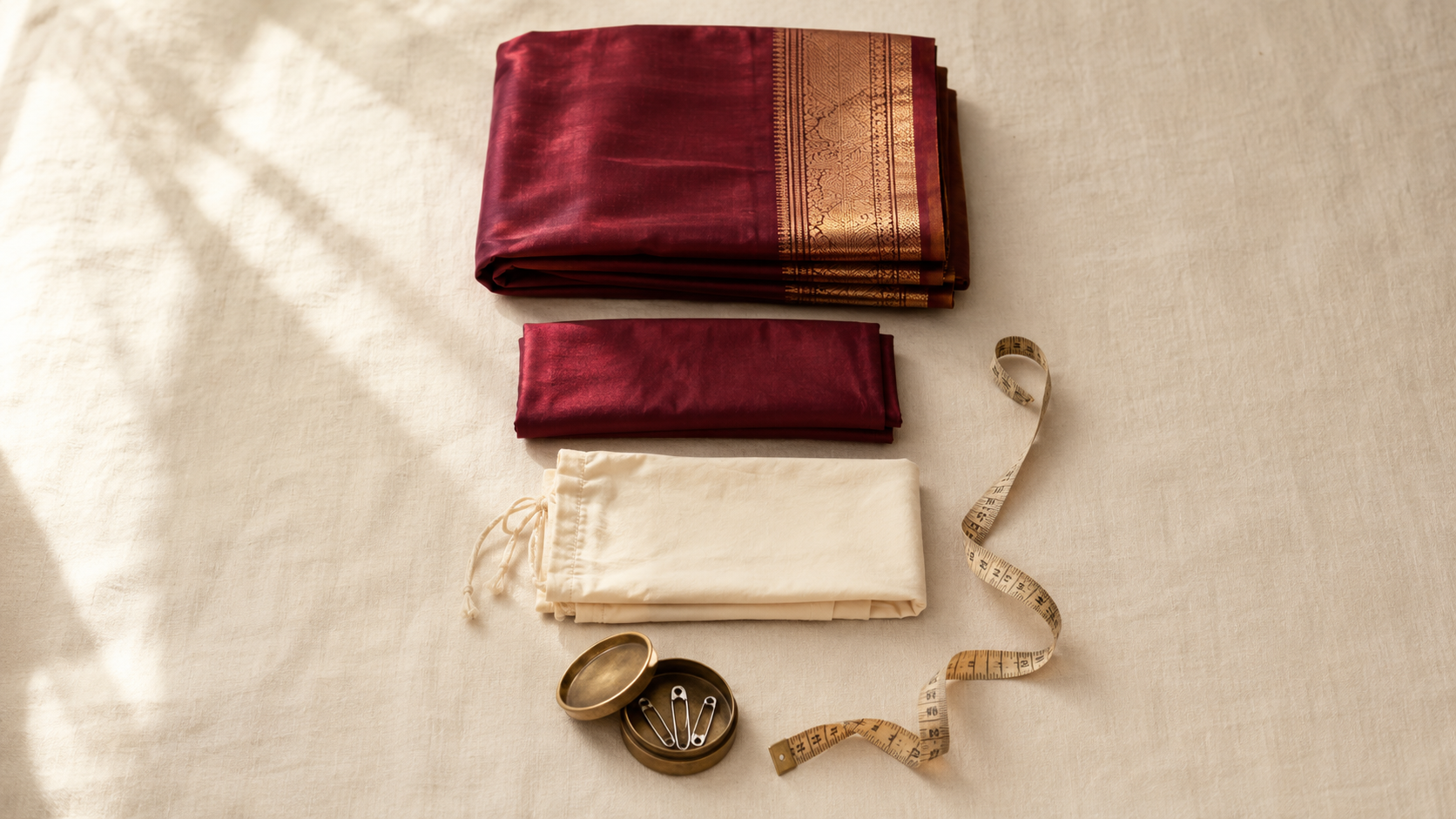 A silk saree with matching blouse fabric, cream petticoat, and small safety pins laid out for draping
