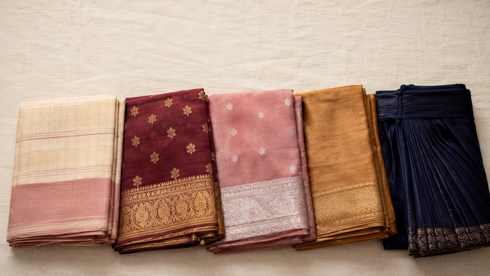 Your first saree wardrobe — five folded sarees in a neat capsule arrangement on cream linen