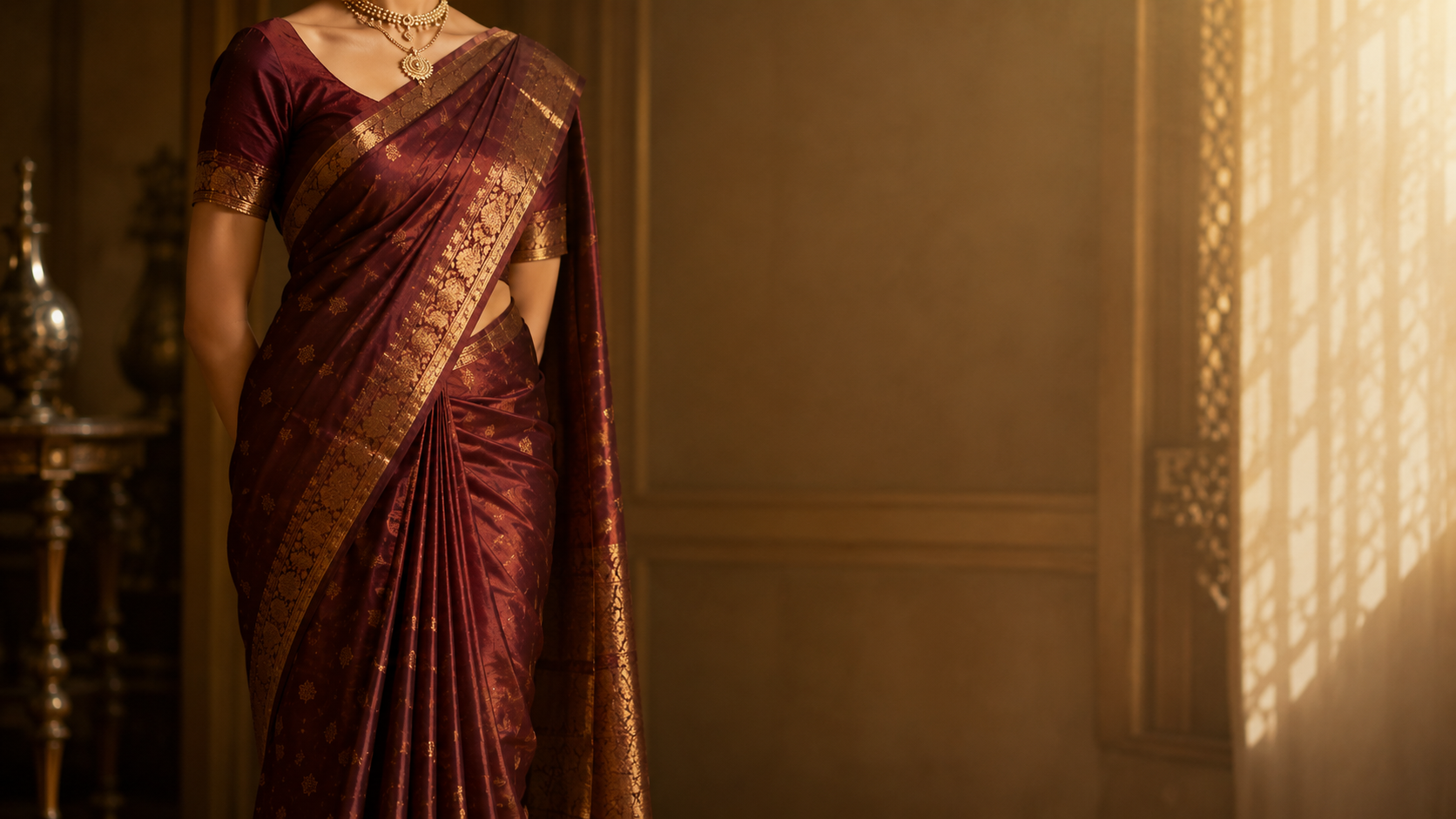 How to drape a saree — final Nivi drape styled in soft natural light, front view of pleats and pallu