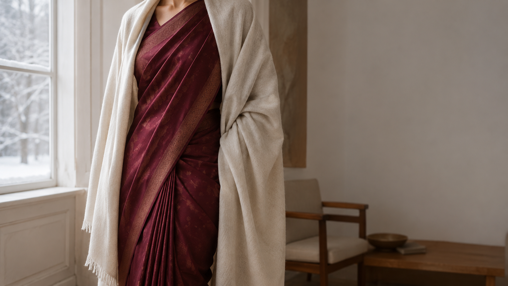 How to wear a saree in winter — silk saree draped with wool shawl layering for European weather