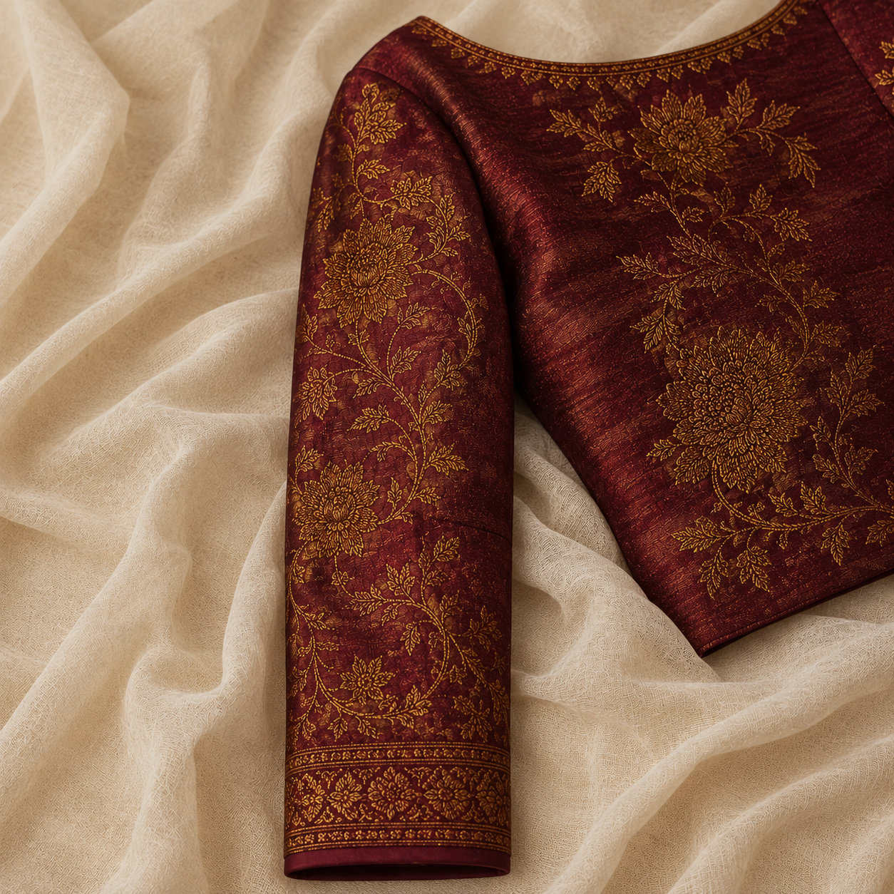 A long-sleeved brocade saree blouse in deep maroon with gold zari embroidery, photographed in winter light