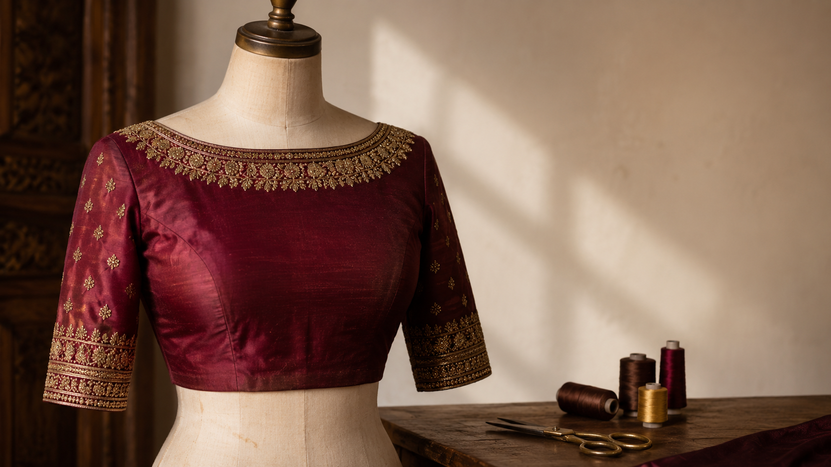 Saree blouse design — a deep maroon raw silk blouse with brocade neckline on a tailor's form