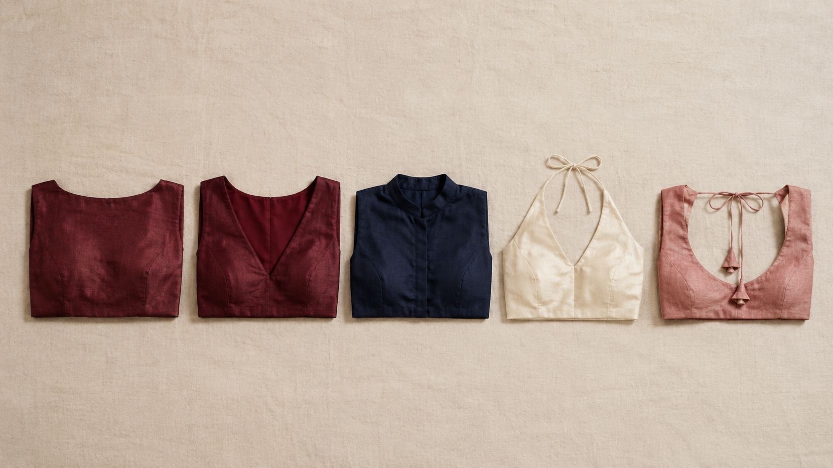 Five saree blouse necklines laid out side by side — boat neck, V-neck, mandarin collar, halter, and backless