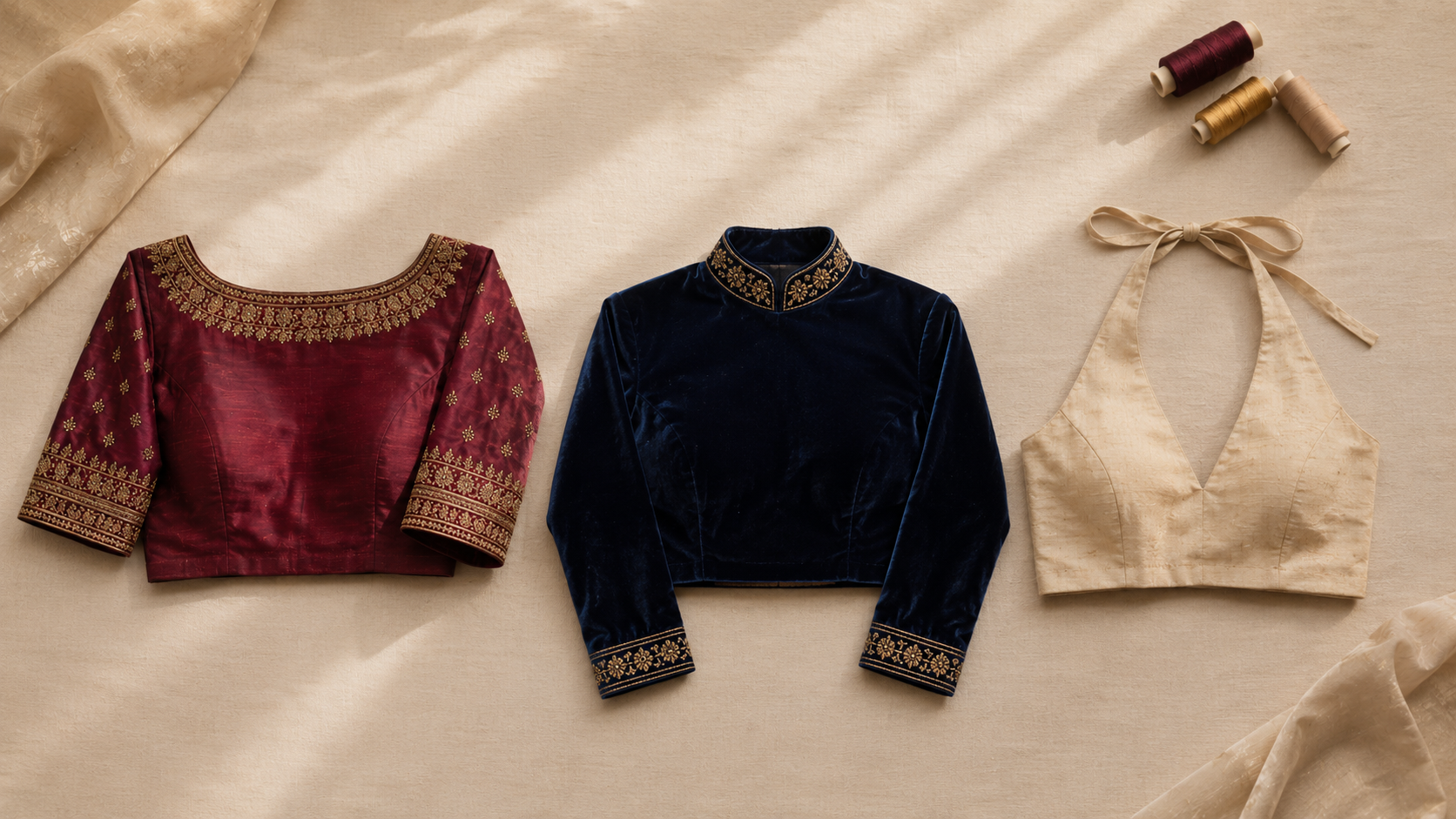 Three saree blouse styles laid out side by side — a brocade boat neck, a velvet long-sleeve, and a raw silk halter