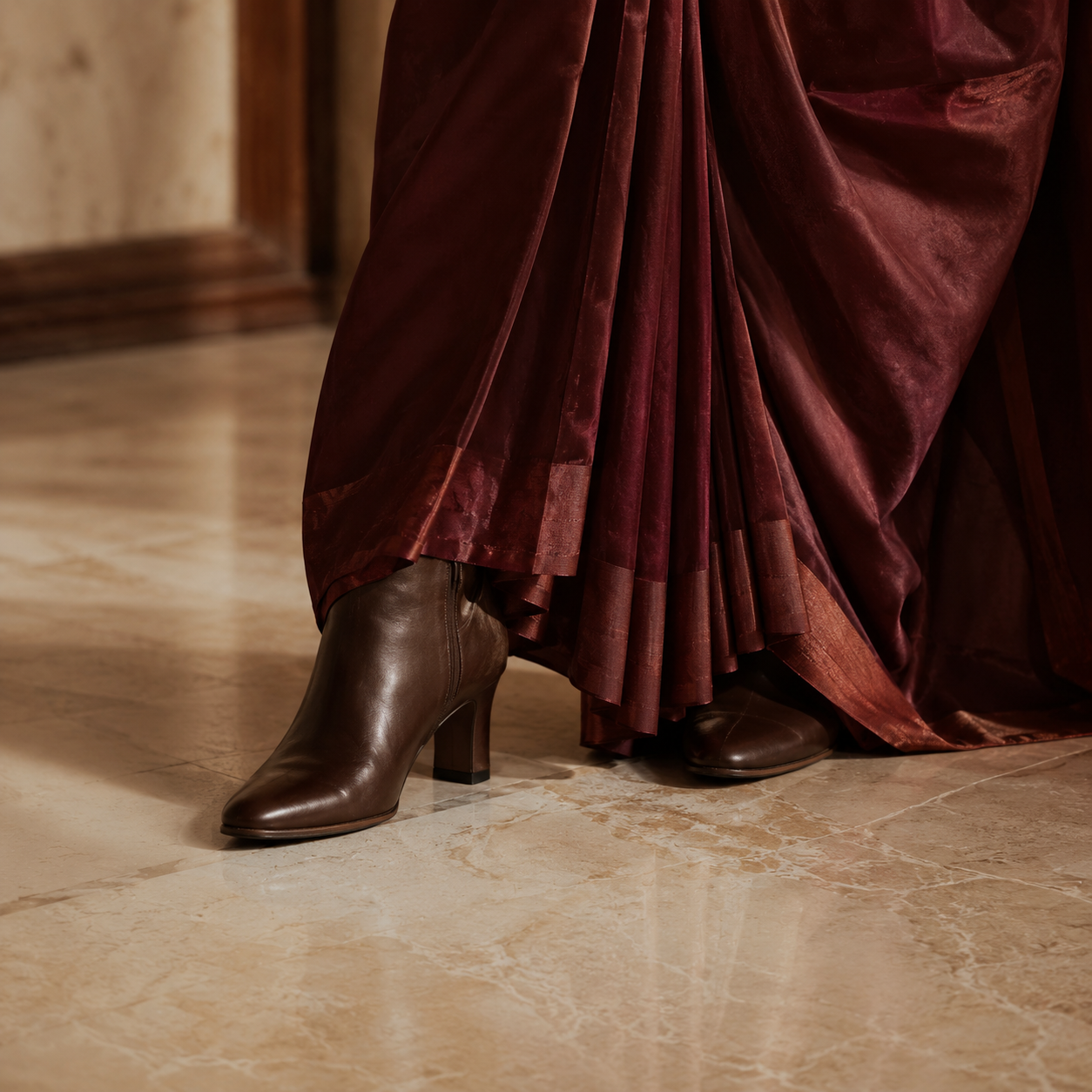 Ankle boots peeking from beneath a saree pleat — the practical winter footwear choice