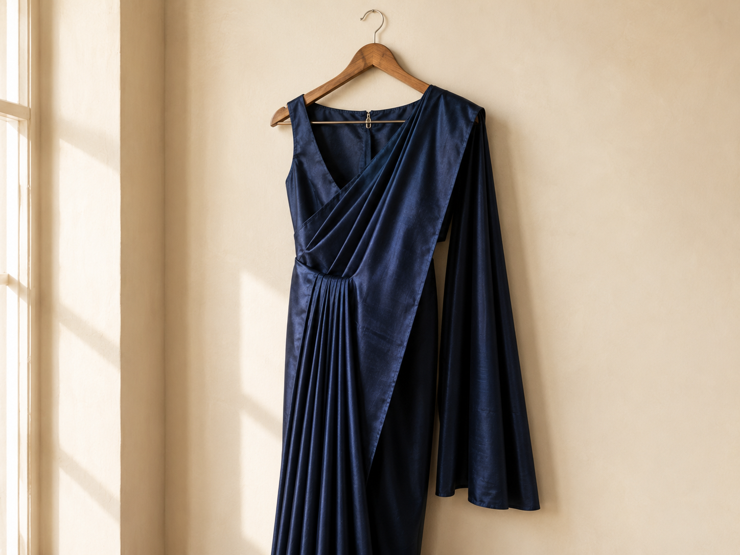A pre-stitched ready-to-wear saree in deep navy hanging on a wooden hanger showing the attached pleats