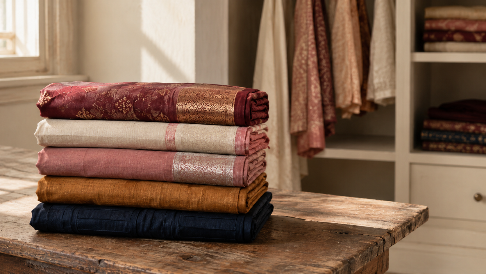 A neat stack of five folded sarees in different fabrics and colours — the starter saree wardrobe