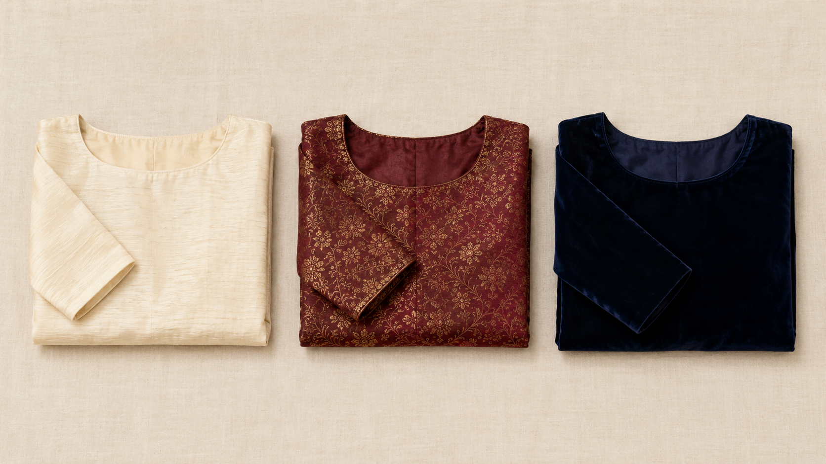 Three saree blouses — cream raw silk, maroon brocade, and navy velvet — laid out side by side