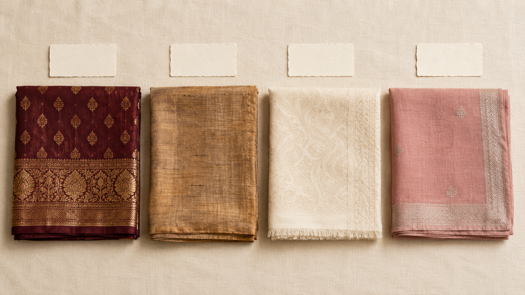 Four saree fabrics laid out for winter comparison — Banarasi silk, tussar, pashmina wool, and Chanderi