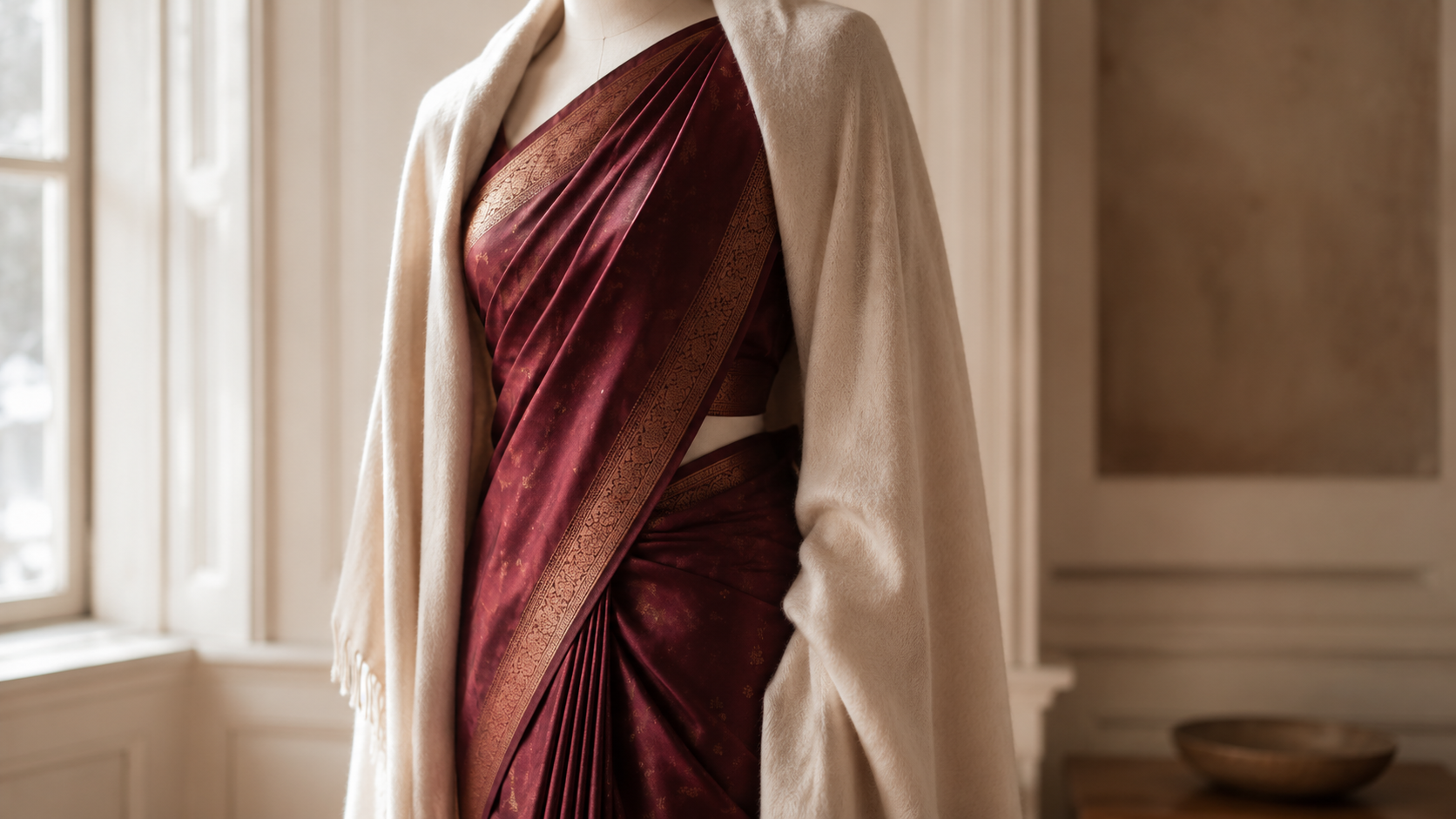 A maroon silk saree styled with a cream pashmina shawl draped over the shoulders in winter light