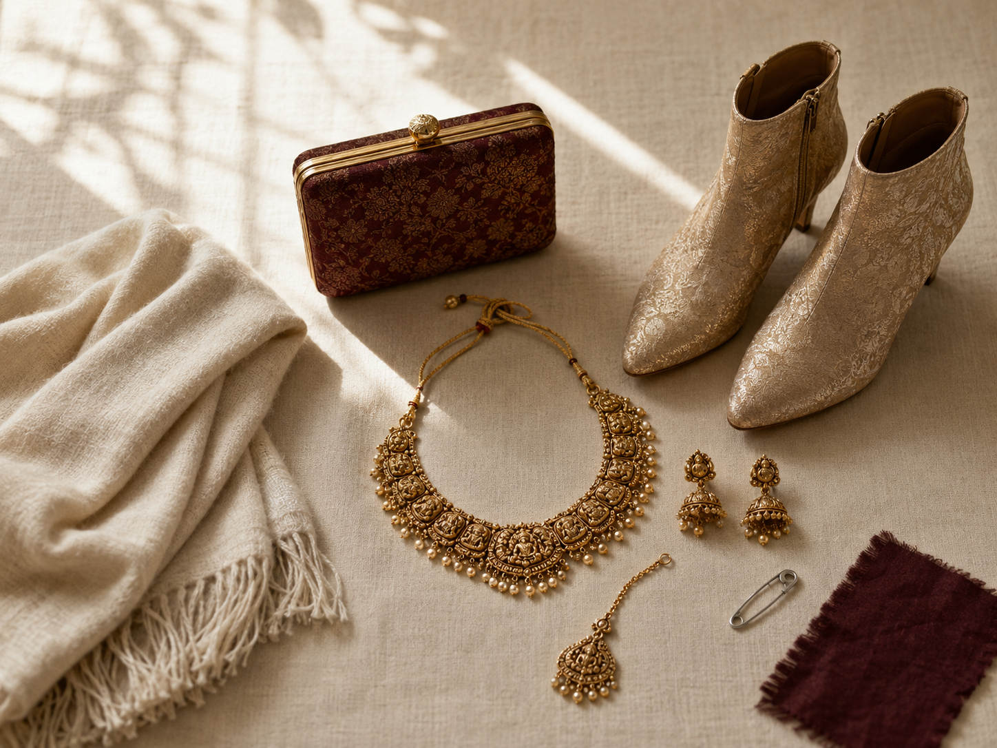 Gold temple jewellery, a small clutch, ankle boots, and a folded pashmina laid out for a wedding saree europe outfit