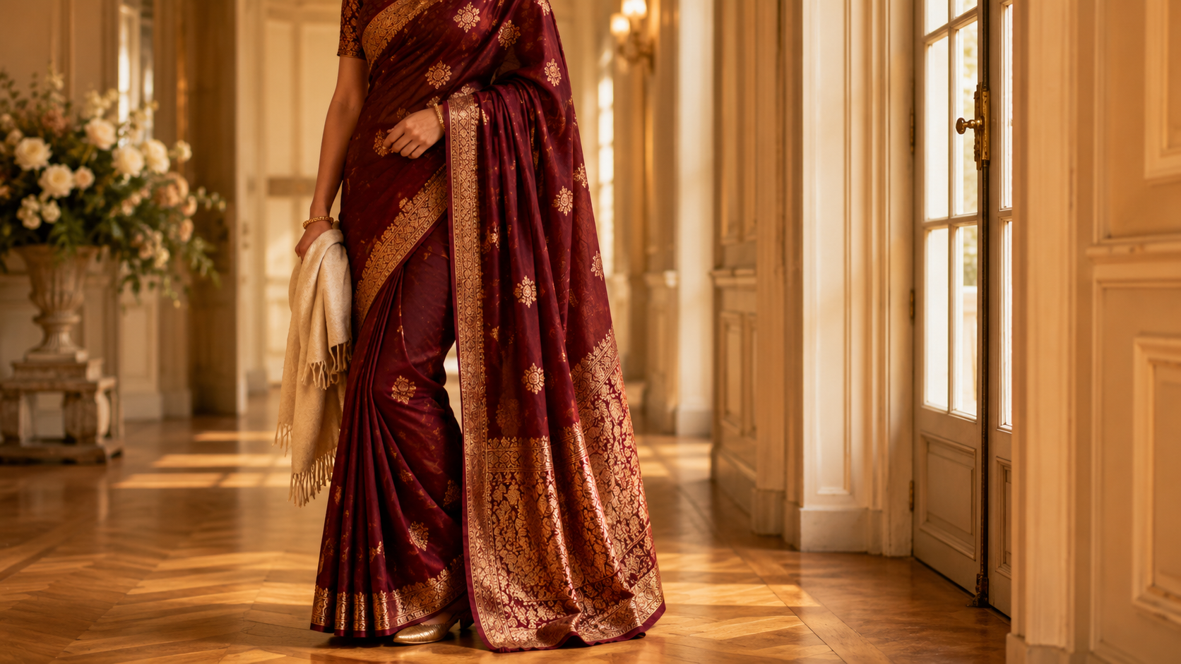 A wedding saree europe styled look — deep maroon Banarasi silk with pashmina shawl in a European venue