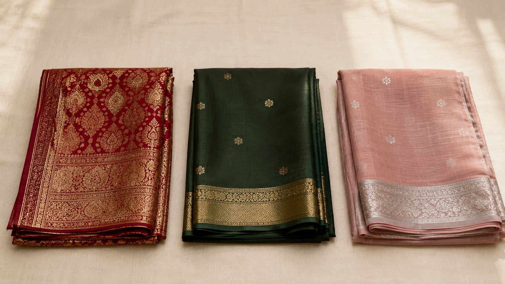 Three saree styles for three wedding settings — Indian ceremony silk, European reception silk, registry-office Chanderi