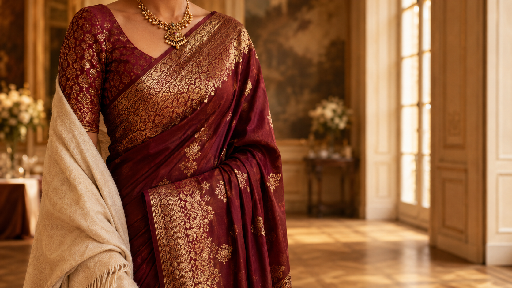 Wedding saree Europe — a deep maroon Banarasi silk with pashmina shawl styled for a European wedding