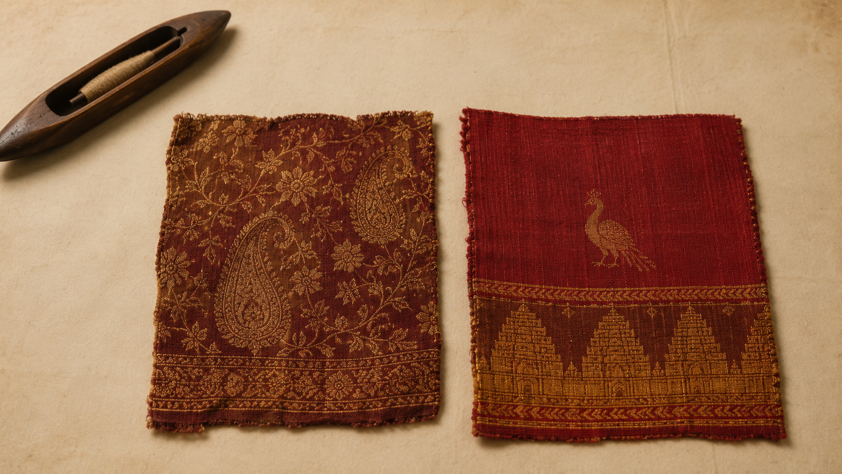 Two antique silk fragments side by side — Banarasi brocade and Kanjivaram temple border