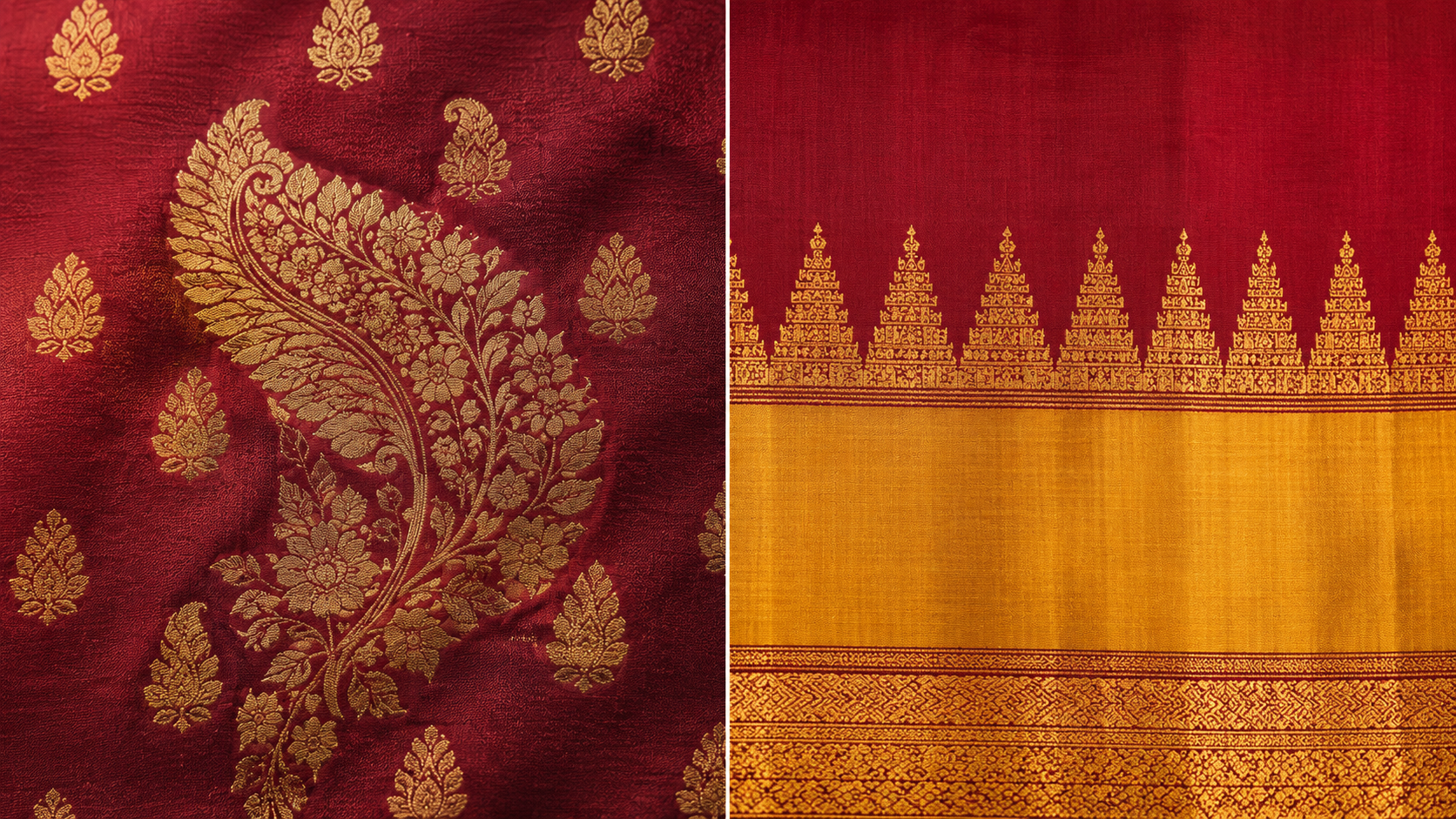 Side-by-side comparison of delicate Banarasi floral motifs and bold Kanjivaram temple-pattern borders
