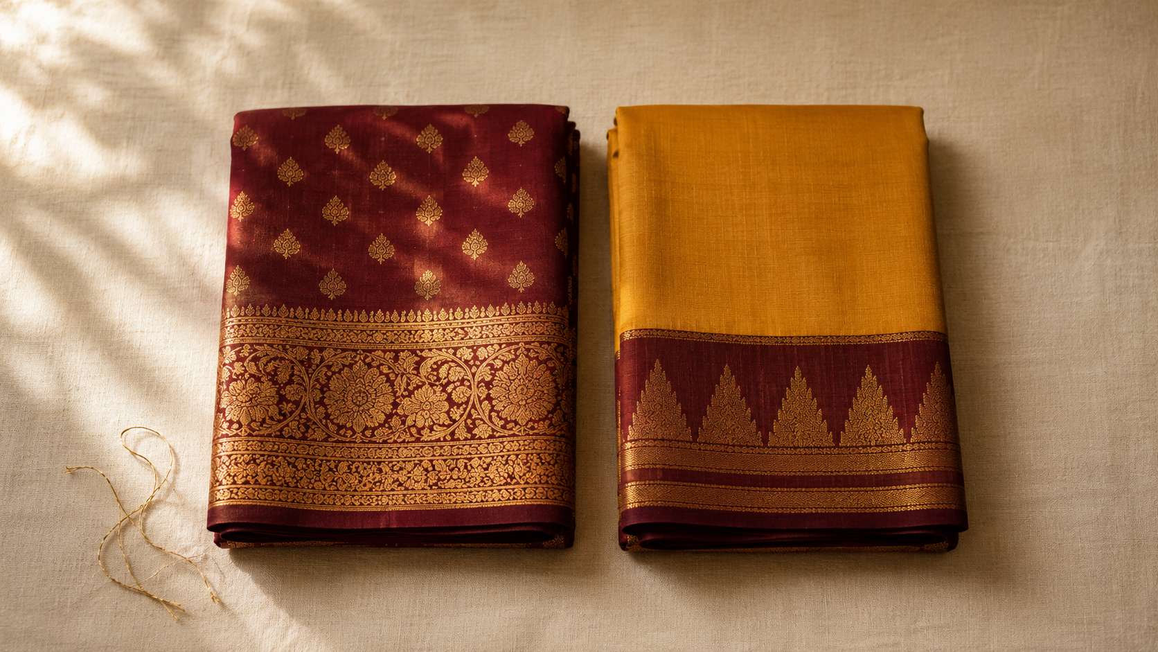 Banarasi vs Kanjivaram silk sarees — deep maroon Banarasi beside mustard Kanjivaram with gold zari border, flat lay
