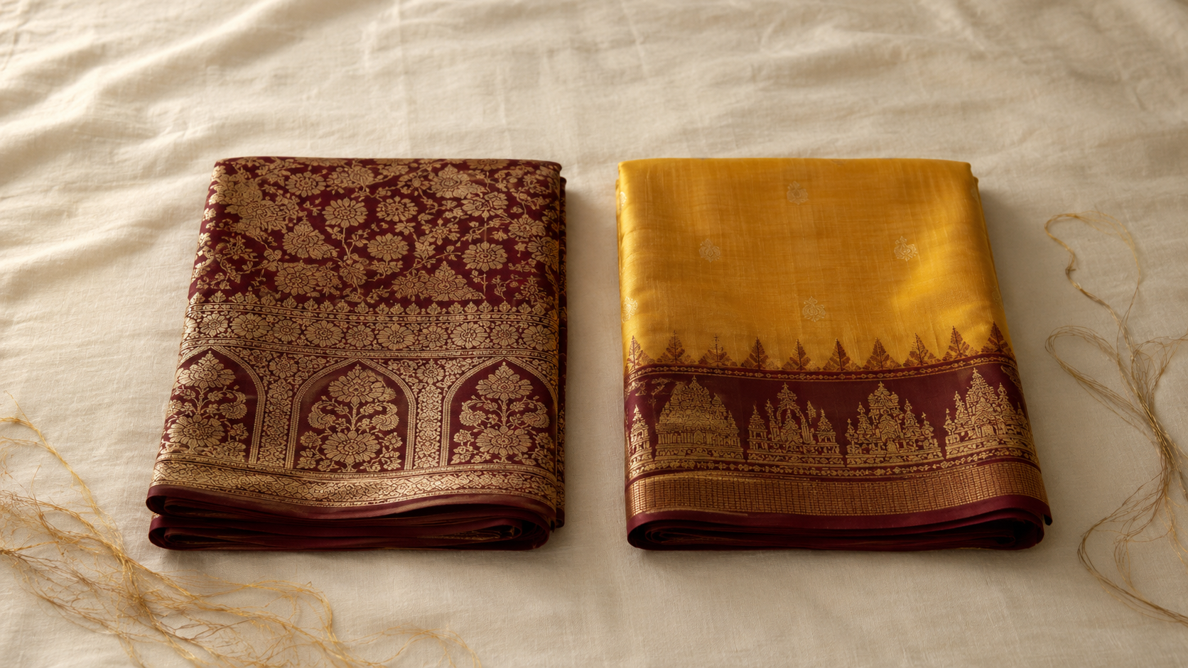 A deep red Banarasi saree beside a mustard yellow Kanjivaram saree, gold zari catching soft light