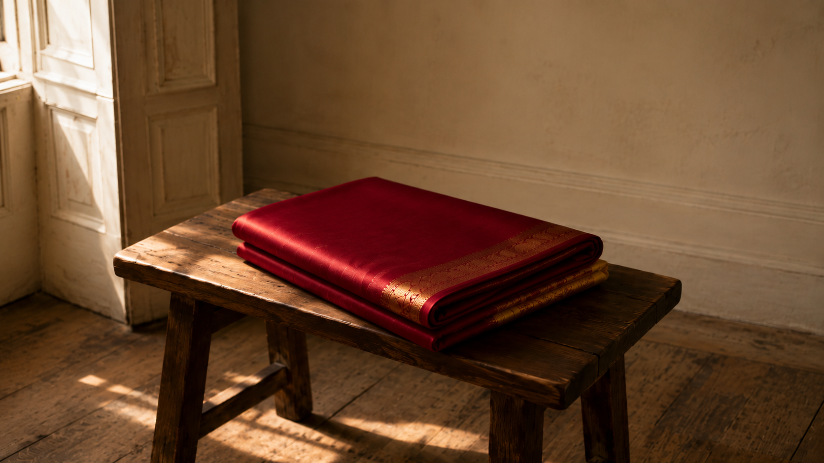 A Kanjivaram silk saree folded on a wooden bench with soft afternoon light catching the temple border
