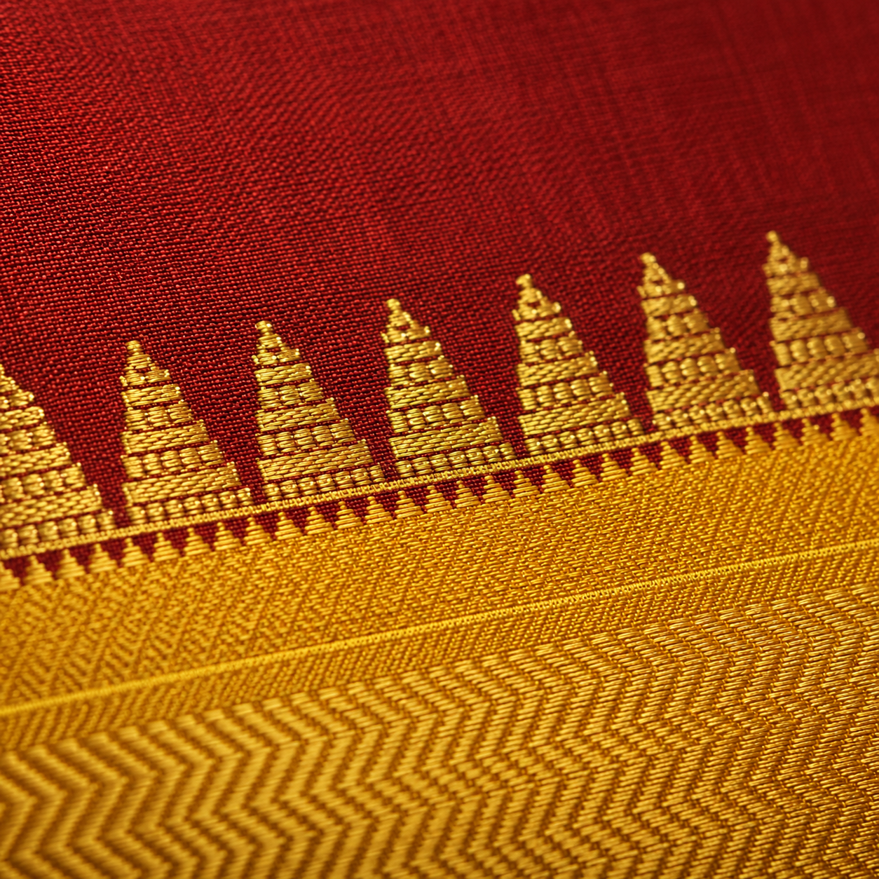 Macro closeup of contrasting temple-pattern zari border on a Kanjivaram silk saree