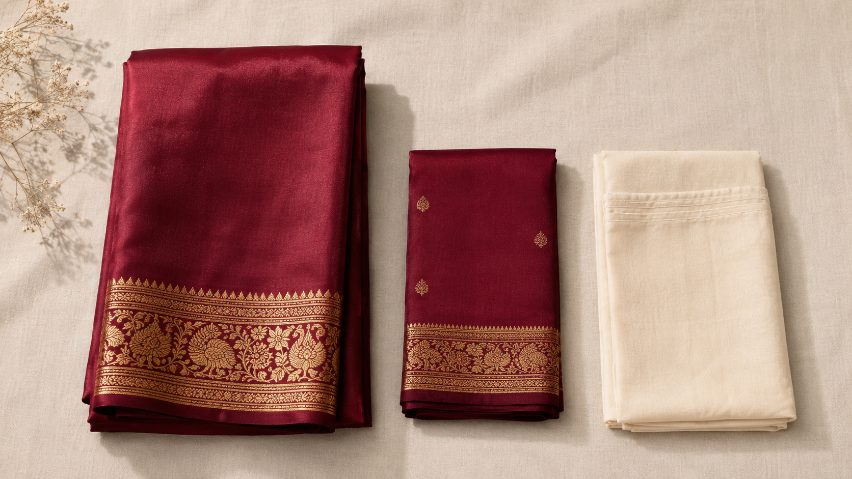 A saree shown with its matching blouse fabric and a cream petticoat
