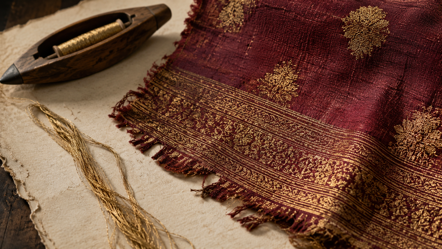 An antique woven maroon and gold textile beside a wooden weaving shuttle