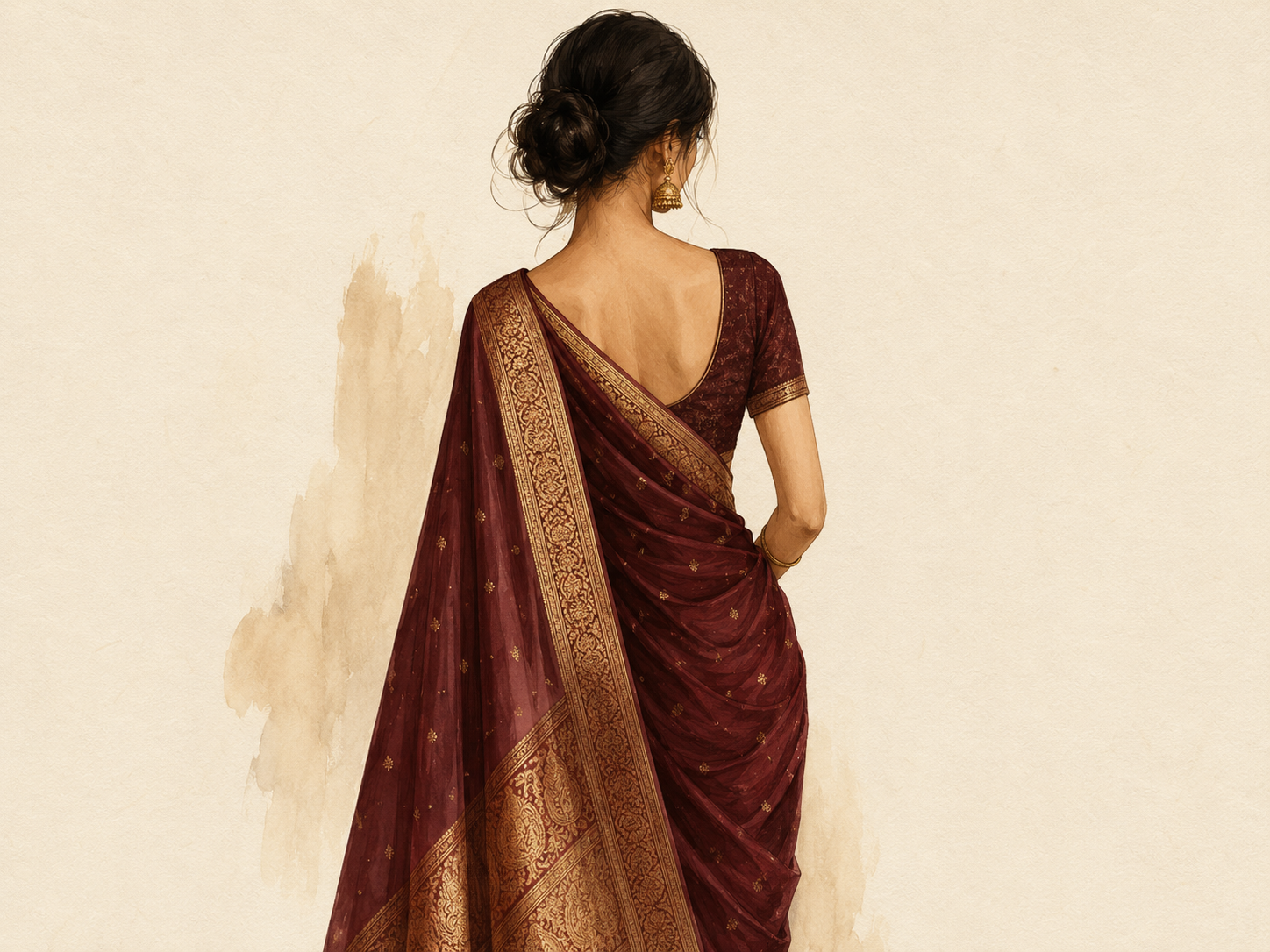 Editorial illustration of a woman wearing a saree in the Nivi drape style