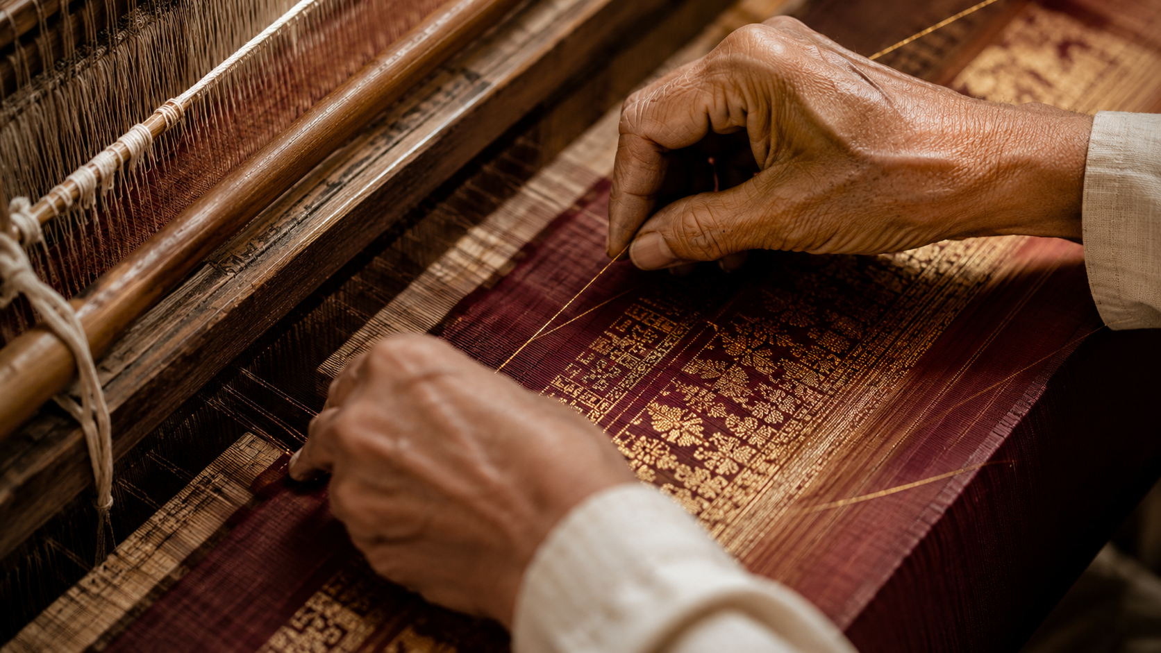 A weaver's hands working gold zari thread into maroon silk at a traditional handloom