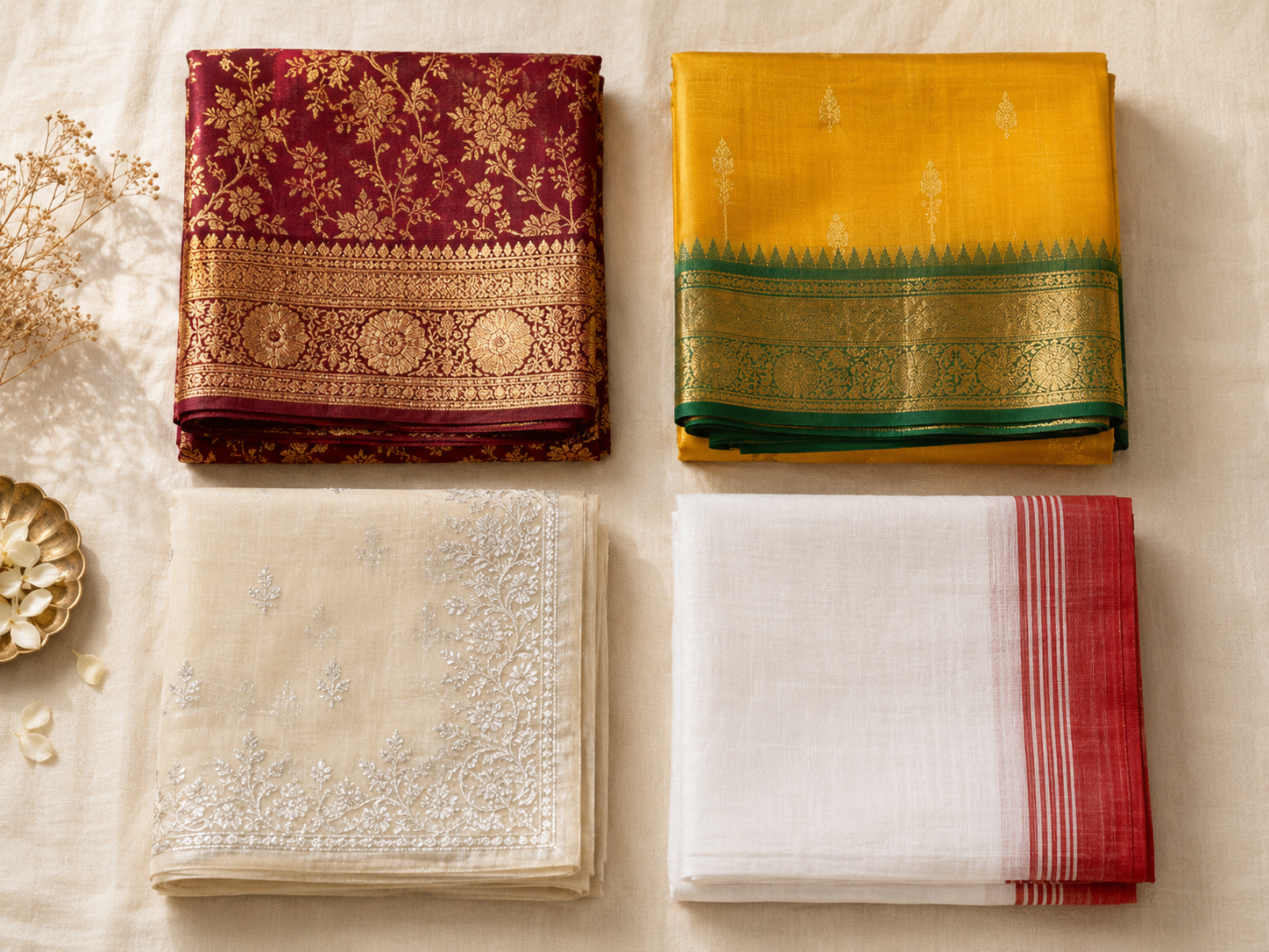 Four saree types — Banarasi, Kanjivaram, Chanderi, and Tant — shown in a grid