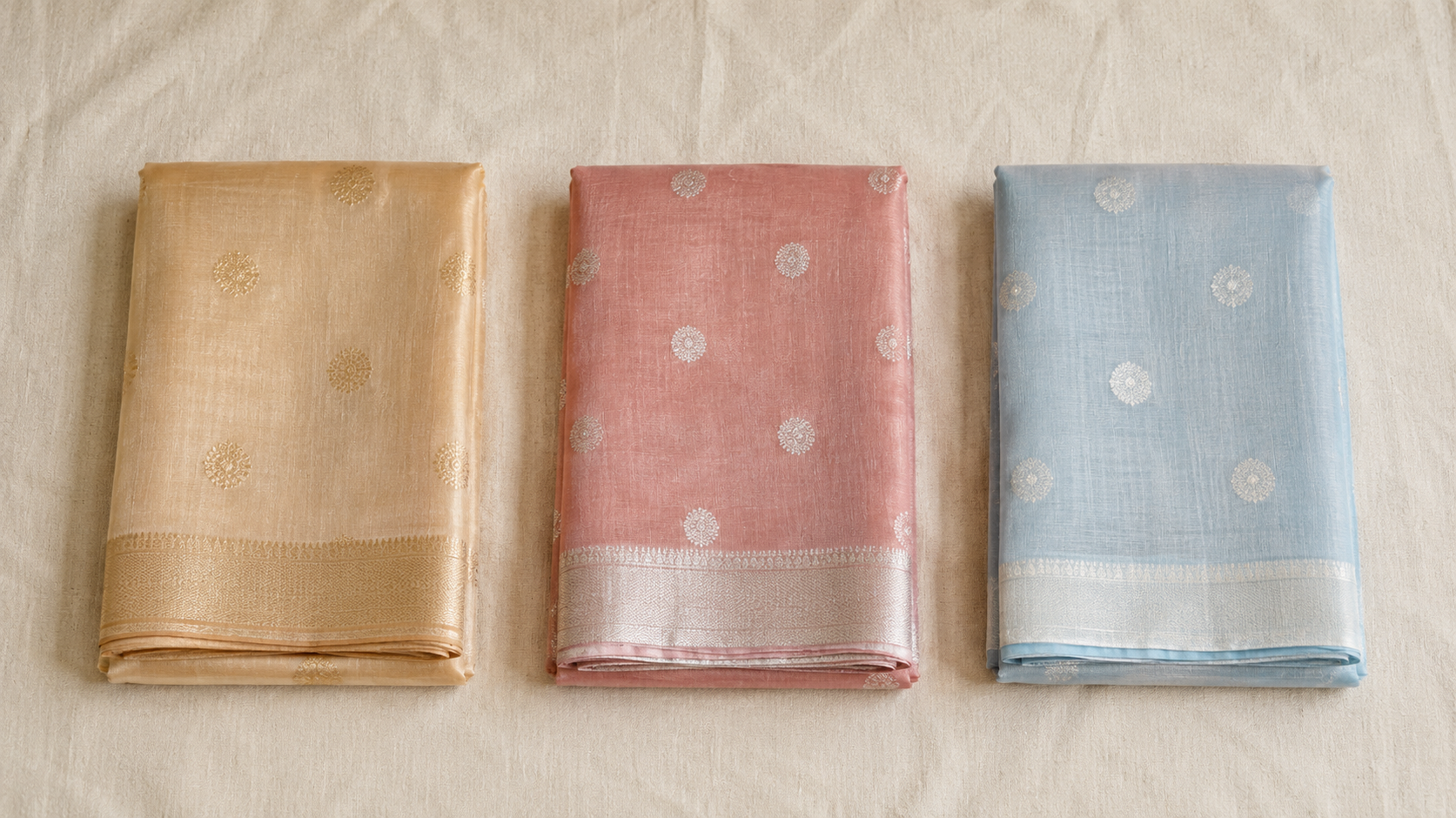 Three folded Chanderi sarees side by side — pure silk, silk-cotton blend, and pure cotton Chanderi