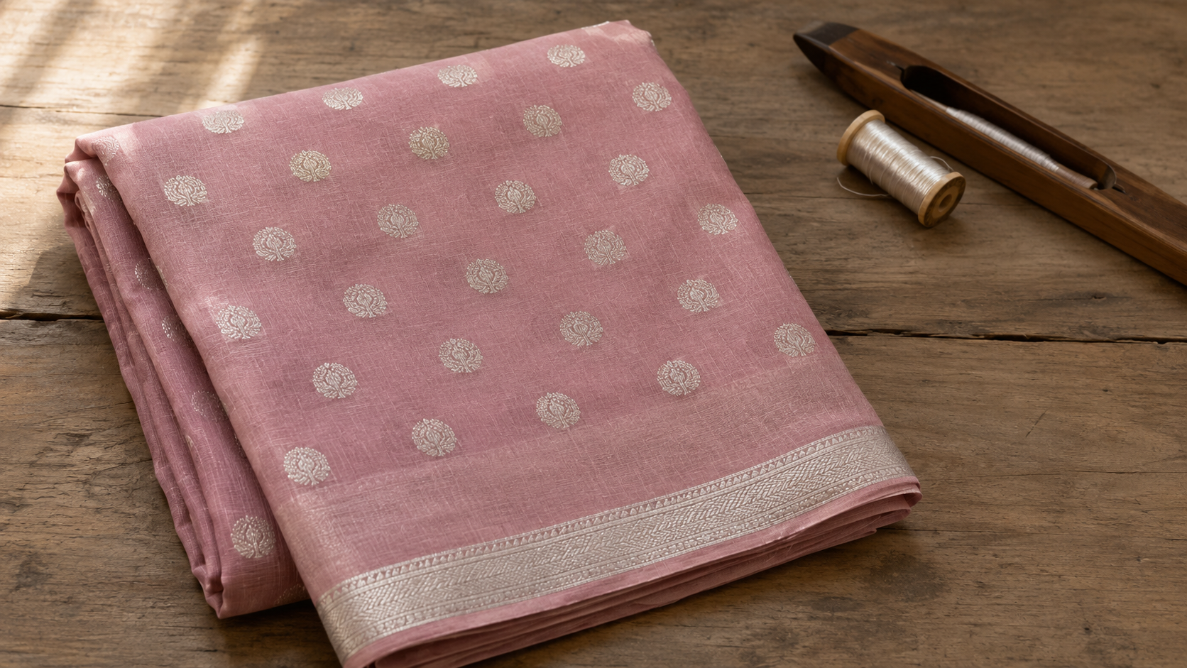 Chanderi saree guide — a folded dusty rose Chanderi saree with delicate silver zari buta motifs