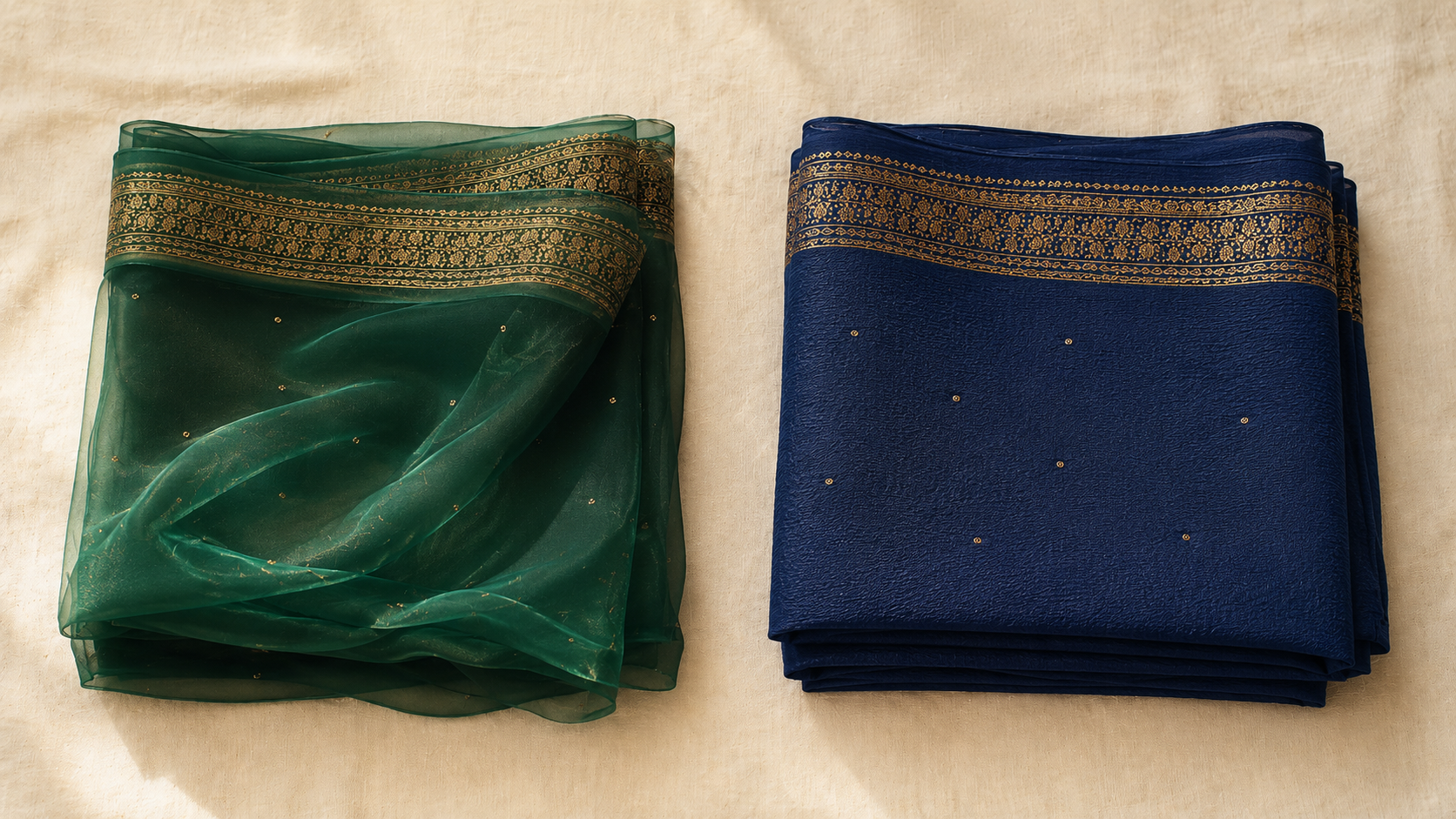 Chiffon vs georgette side by side — chiffon showing fluid sheer drape and georgette showing structured body
