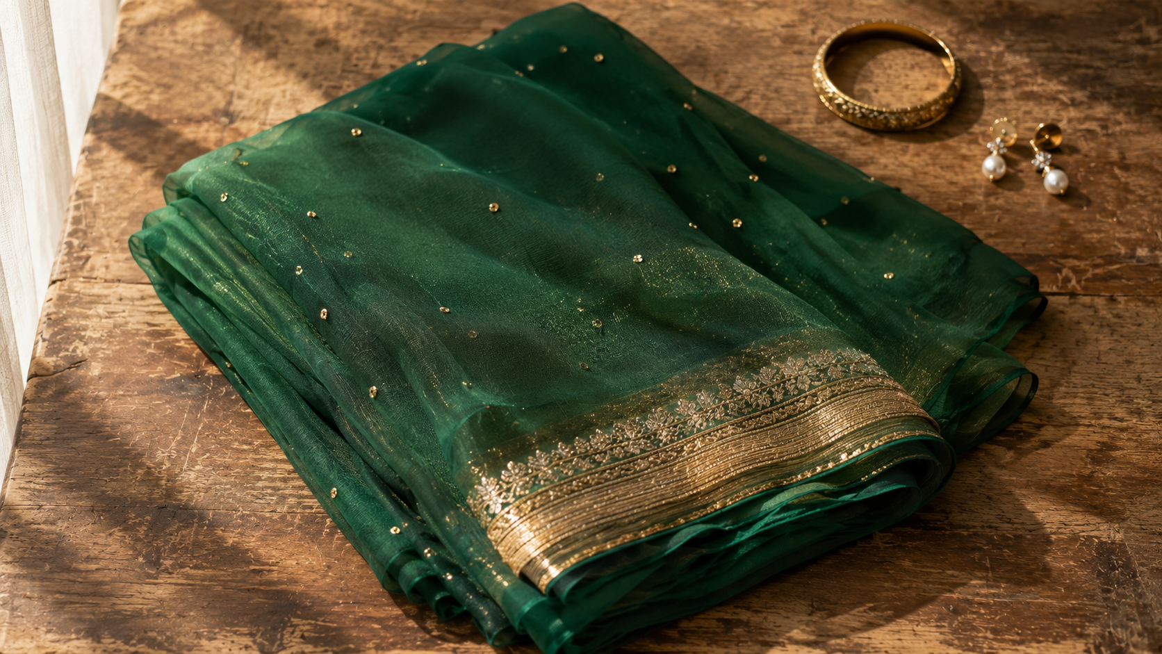 Chiffon saree guide — a folded deep emerald chiffon saree showing the fluid sheer evening fabric character