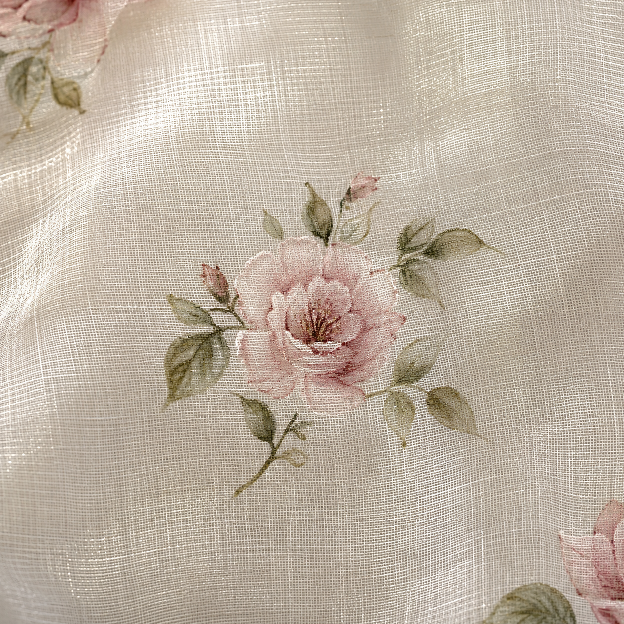 Macro detail of pure silk organza with hand-painted floral motifs in soft pastels
