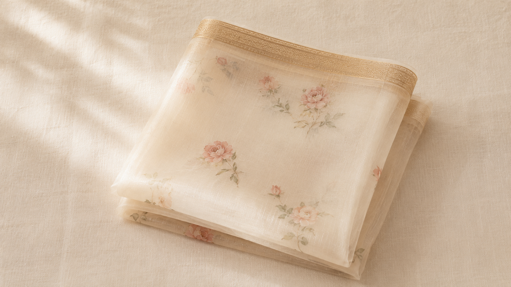 A folded pure silk organza saree in soft ivory with delicate floral print and a fine gold border