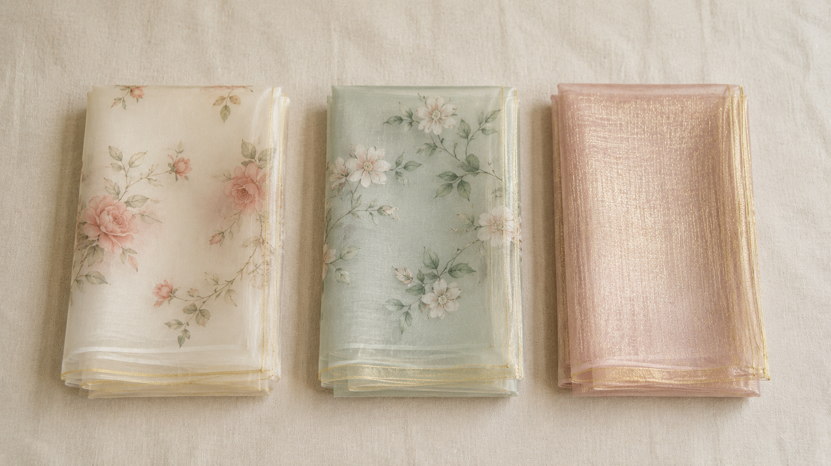 Three folded organza sarees — pure silk, synthetic, and tissue organza variants
