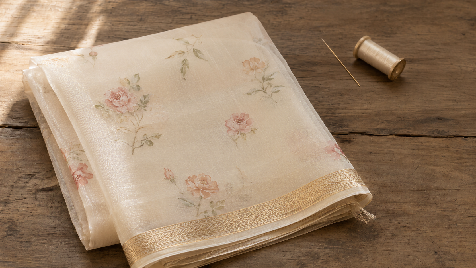 Organza saree guide — a folded pure silk organza saree in soft ivory with delicate floral print