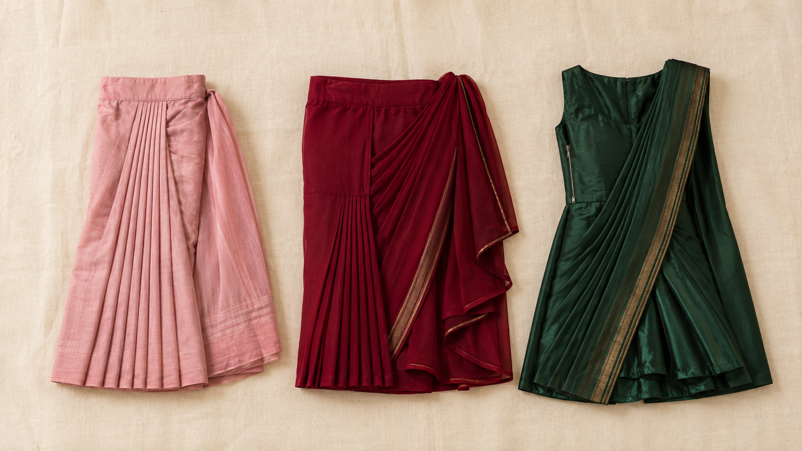 Three pre-stitched saree types side by side — pre-pleated, drape-style pre-stitched, and saree-gown