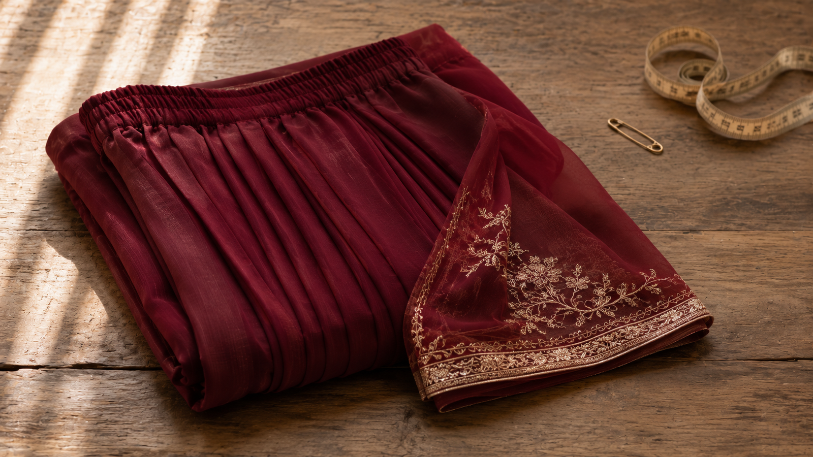 A folded pre-stitched saree in deep wine red showing the pre-arranged pleats and pallu construction