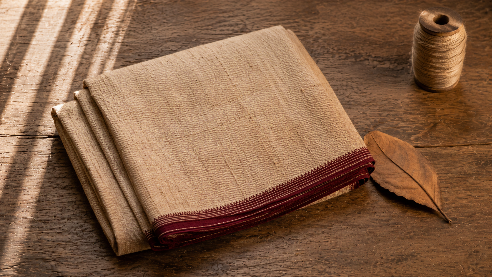 Tussar silk saree guide — a folded natural gold-beige tussar saree showing the wild silk slubby texture