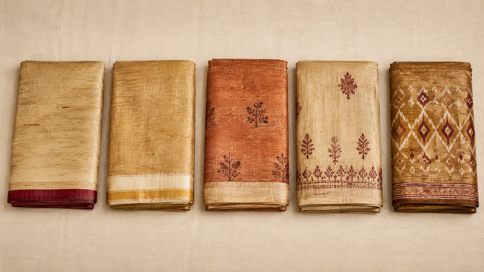 Five regional tussar silk sarees side by side — Bhagalpuri, kosa, Madhya Pradesh, Bengal, and Odisha tussar