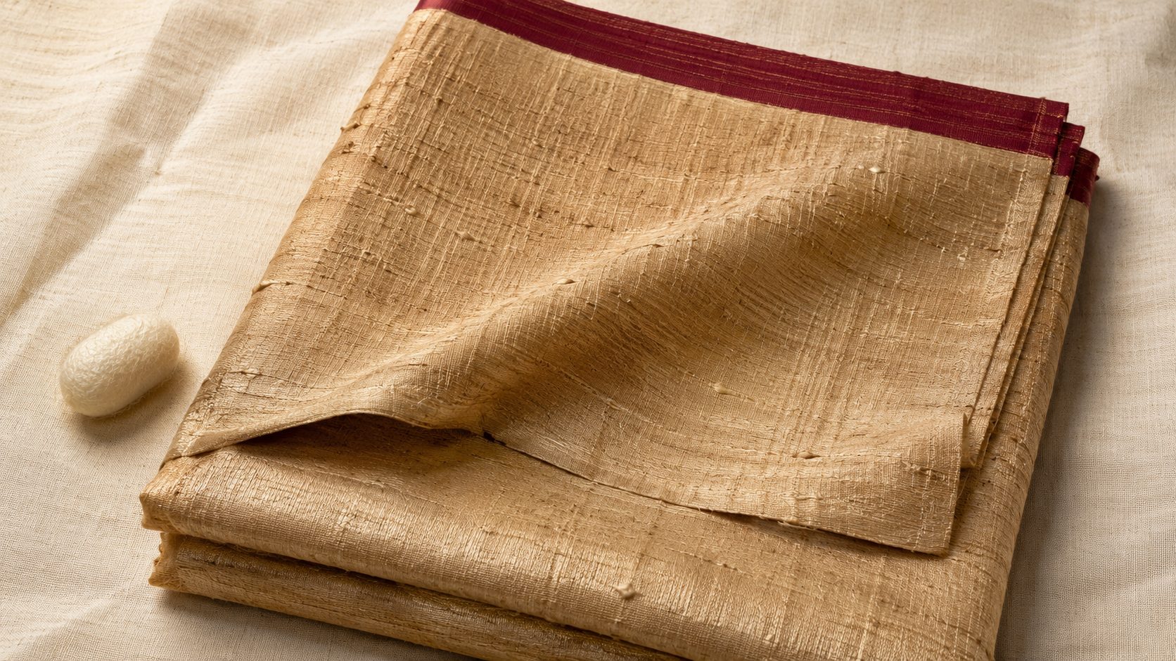 A folded tussar silk saree in natural gold-beige showing the distinctive slubby wild silk texture